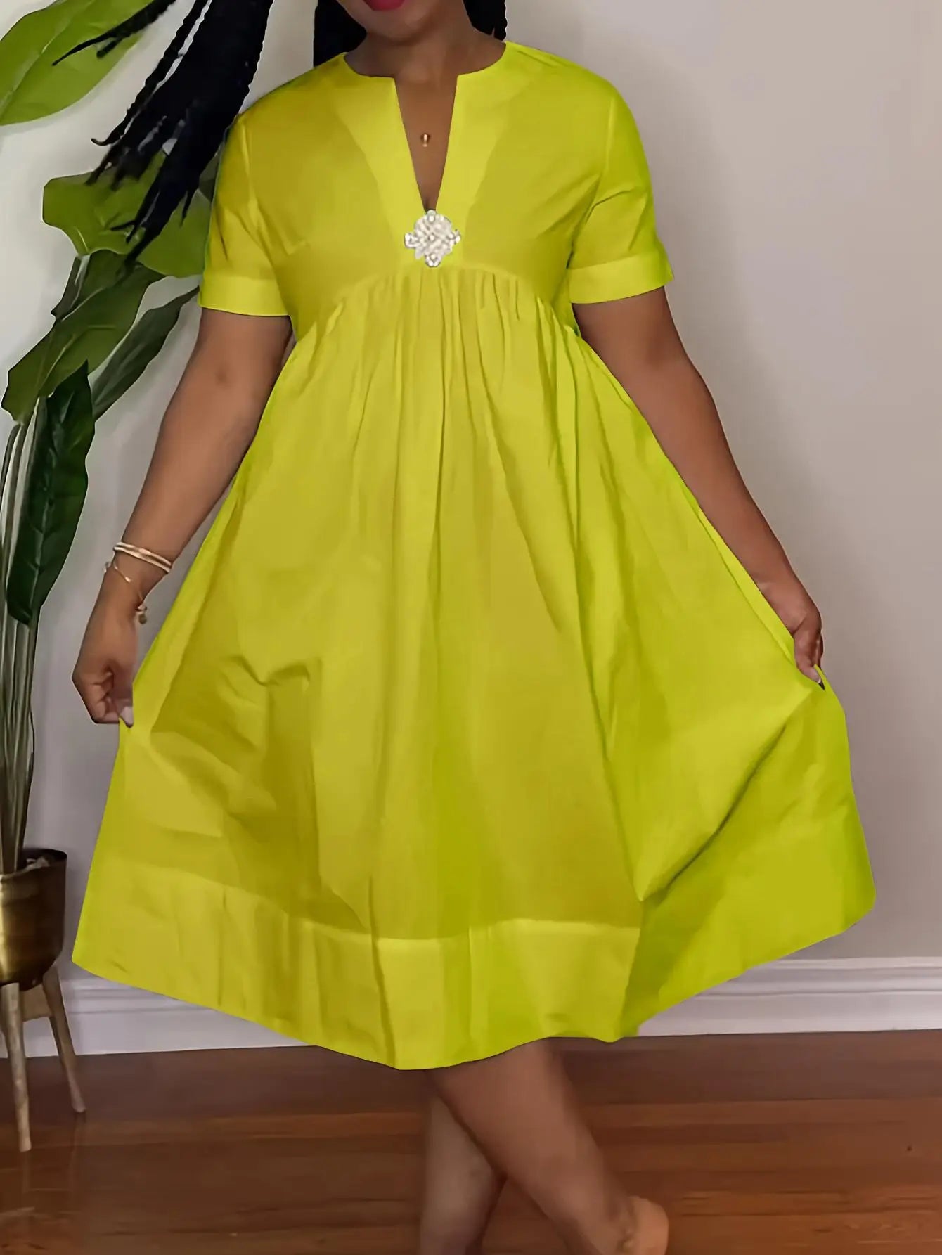 Casual Short Sleeved V-neck Waist Cinched Loose Vacation A-line Shirt Skirt