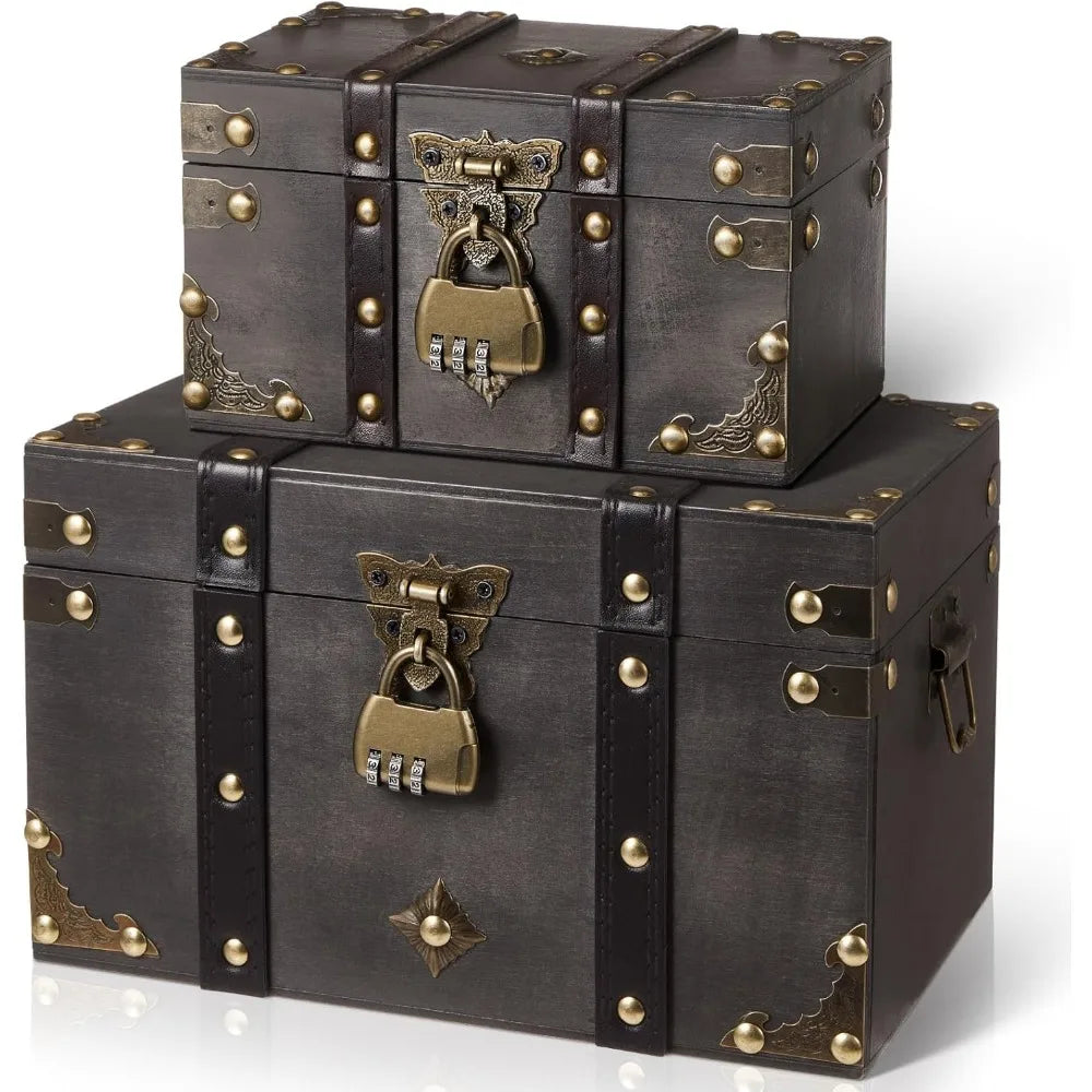 Wooden Pirate Chest 2-Size Set Combo-Lock Handmade Vintage Keepsake Jewelry Box