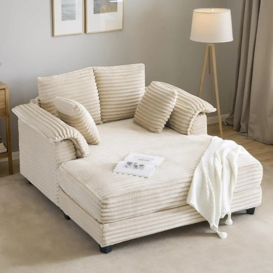 56"Oversized Chaise Lounge Chair,Beige Comfy Corduroy Chaise Sofa Recliner Bed Upholstered Sleeper Couch Bed with Throw Pillows