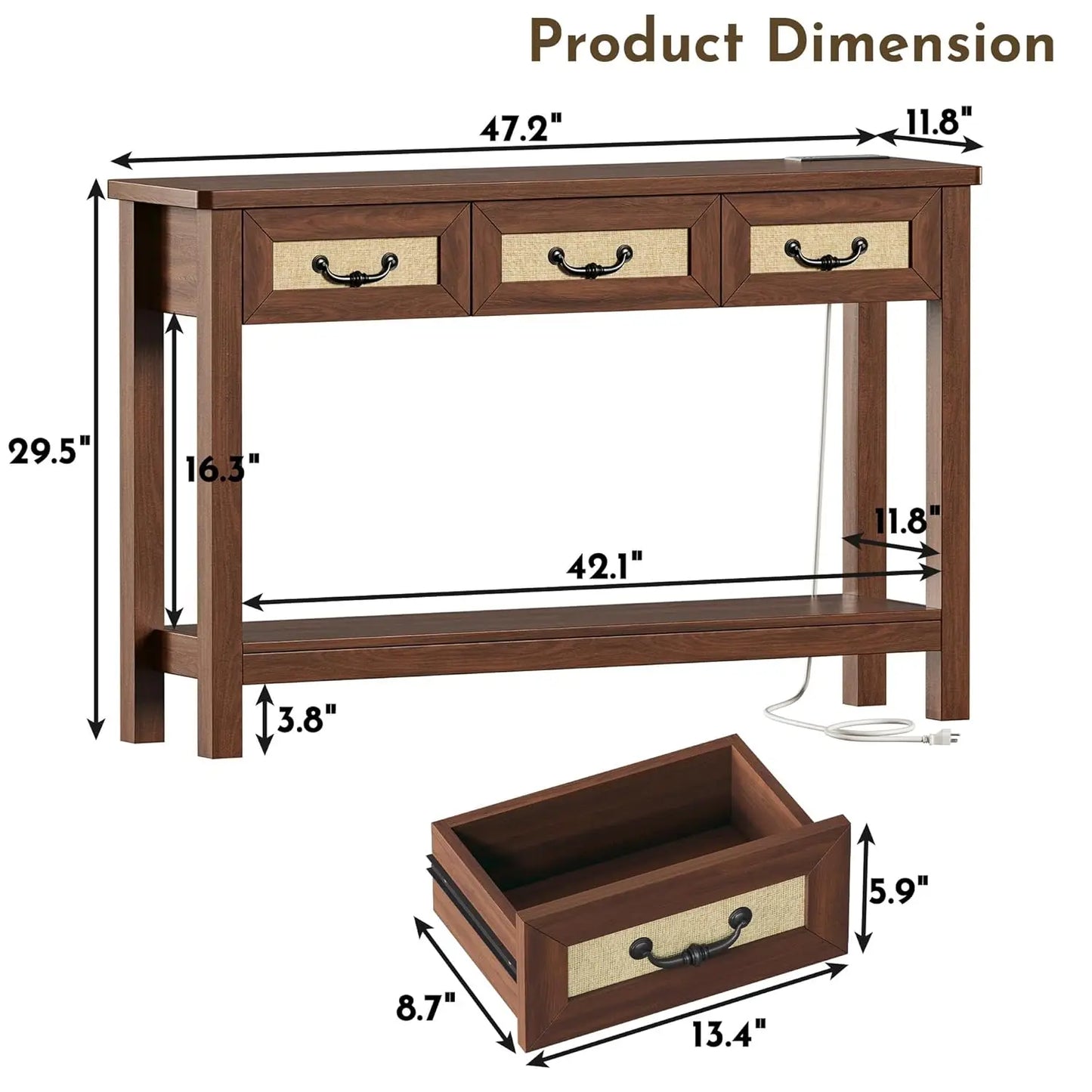 47.2" Console Table with 3 Rattan Drawers, Long Sofa Table with Storage Behind Couch, Farmhouse Entryway Table with, Customized