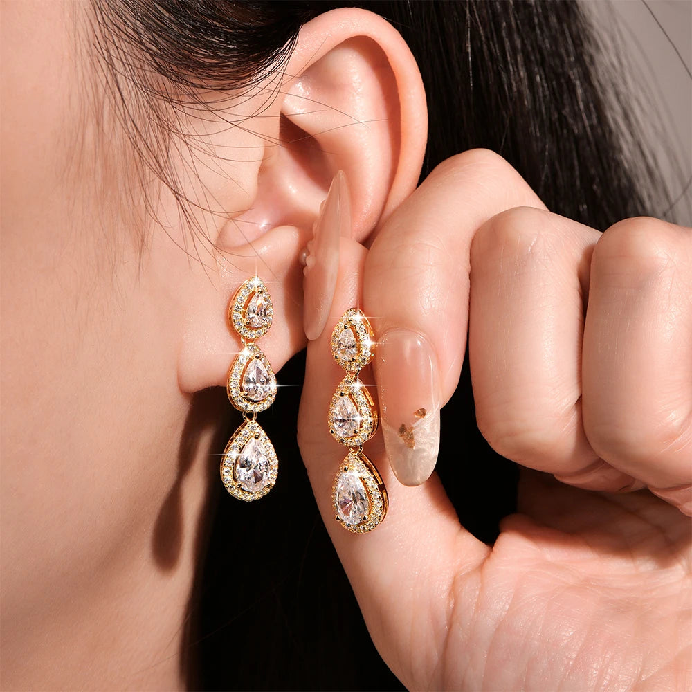 OXTAO 3-Stone Pear Cut 5A CZ Halo Drop Earrings for Women Girl Birthday Party Gift D VVS1 for Women Tassel Moissanite Dangle Earrings 14K Gold Filled