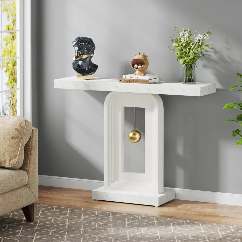 Modern Console Table, 40 Inches Faux Marble Sofa Table, Contemporary Entryway Table with Pendulum Shape Base for Living