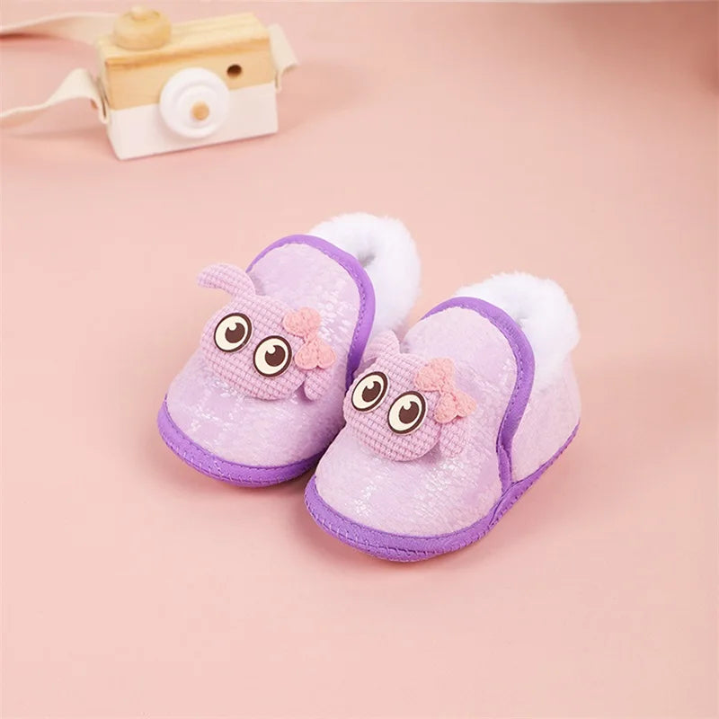 Adorable Baby Girls Plush Shoes with Cute Cartoon Design Big Eyes Warm Fleece Lining Non-Slip Sole for First Steps