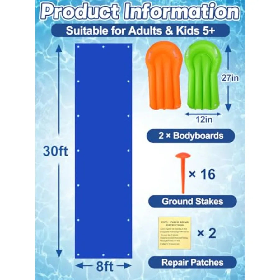 Outdoor backyard water slide for summer use, made of thick durable slick PVC material, blue and yellow color, extra wide design
