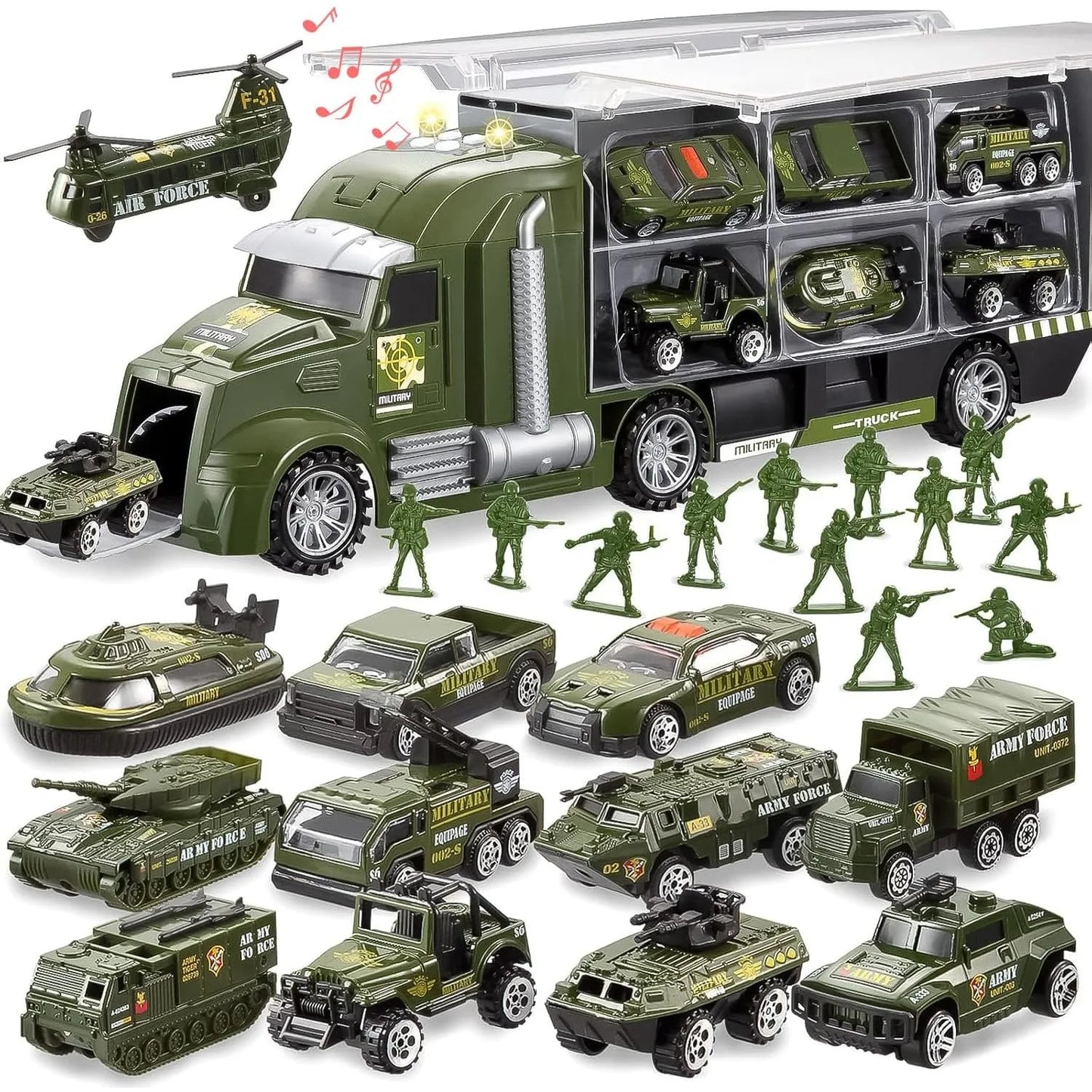 JOYIN 25 in 1 Green Military Big Truck Toys Army Men Tanks Set with Soldier Men Battle Car Toy in Carrier Truck for Boys Gifts