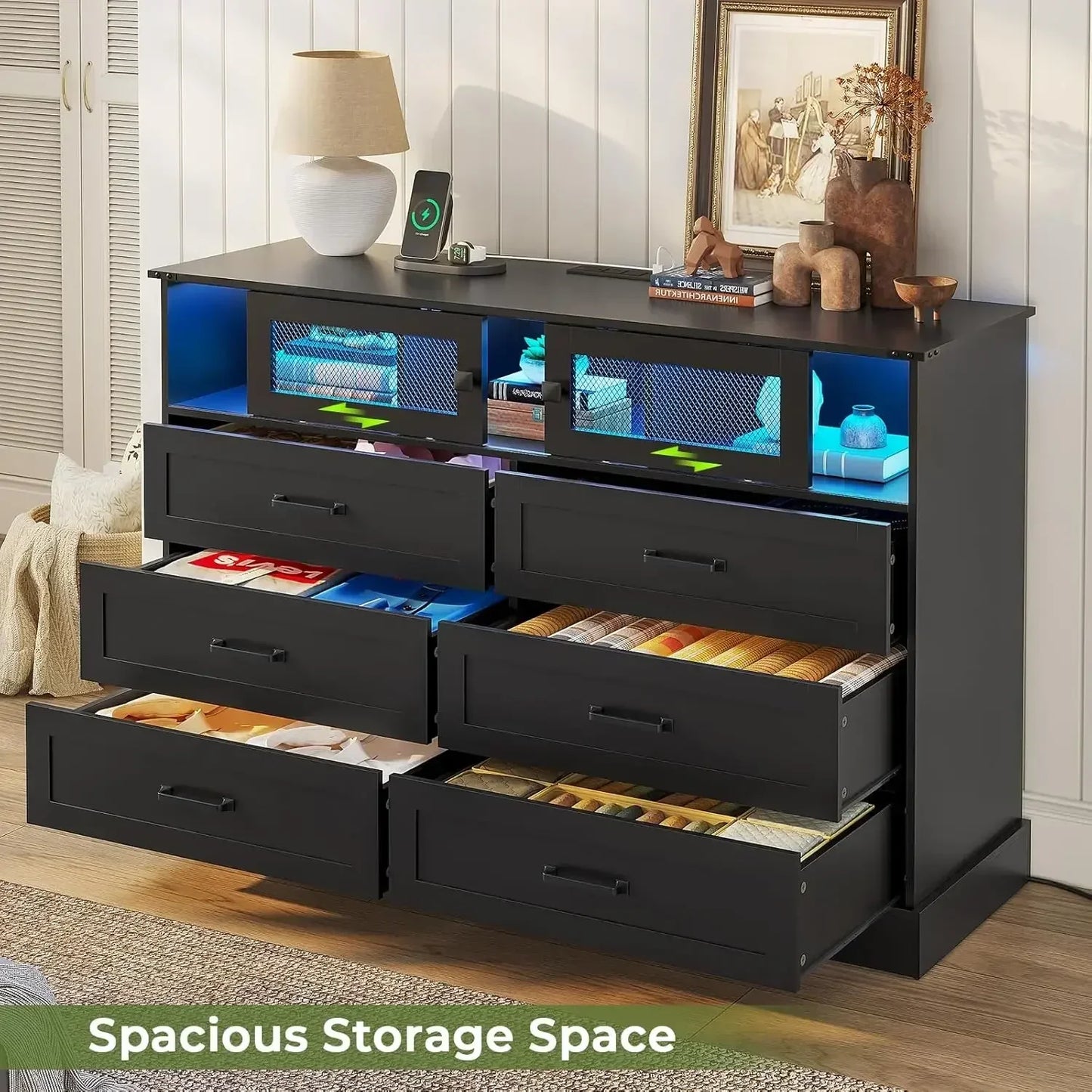 6 Drawers Dresser with LED Lights and Charging Station, Farmhouse Chest of Drawers Closet Organizer, Clothes Storage Cabine