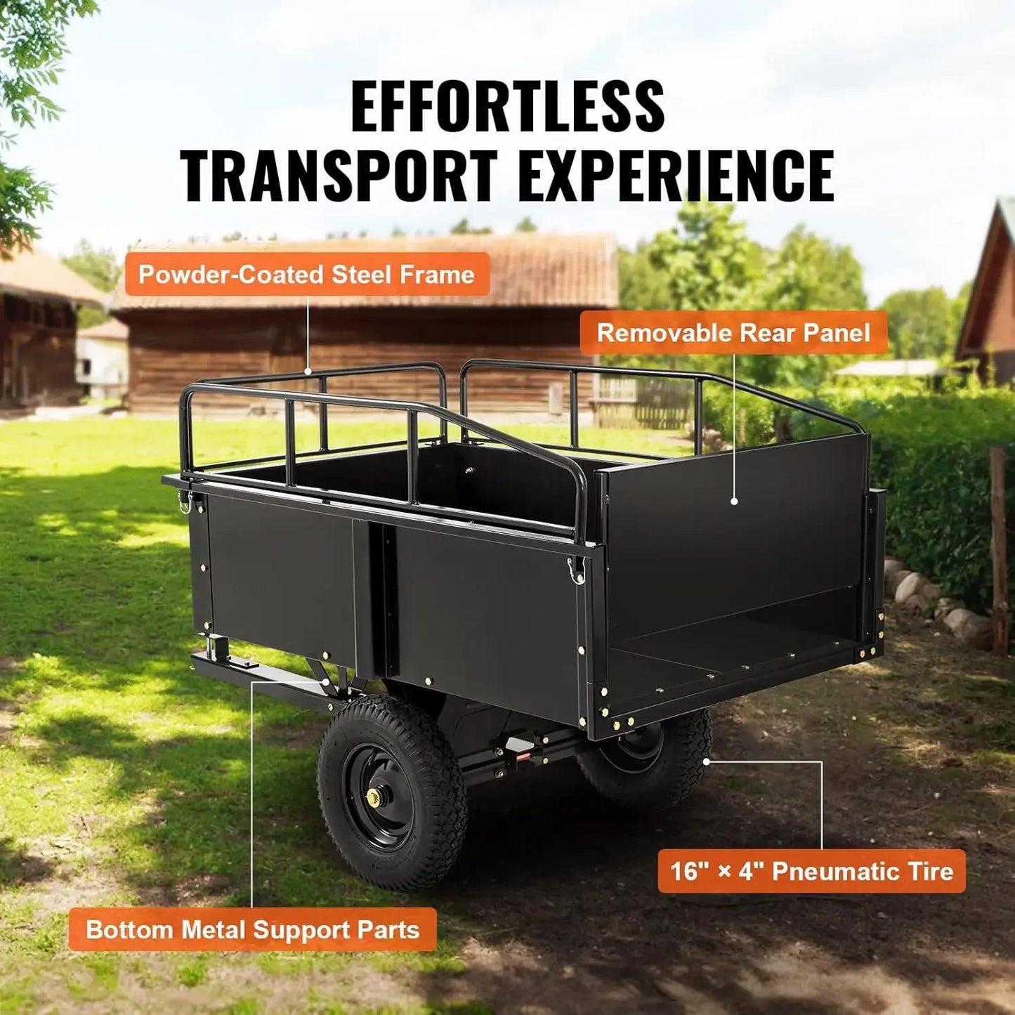 Heavy Duty ATV Trailer Steel Dump Cart, 750-Pound 15 Cubic Feet, Garden Utility Trailer with Removable Sides for Riding Lawn
