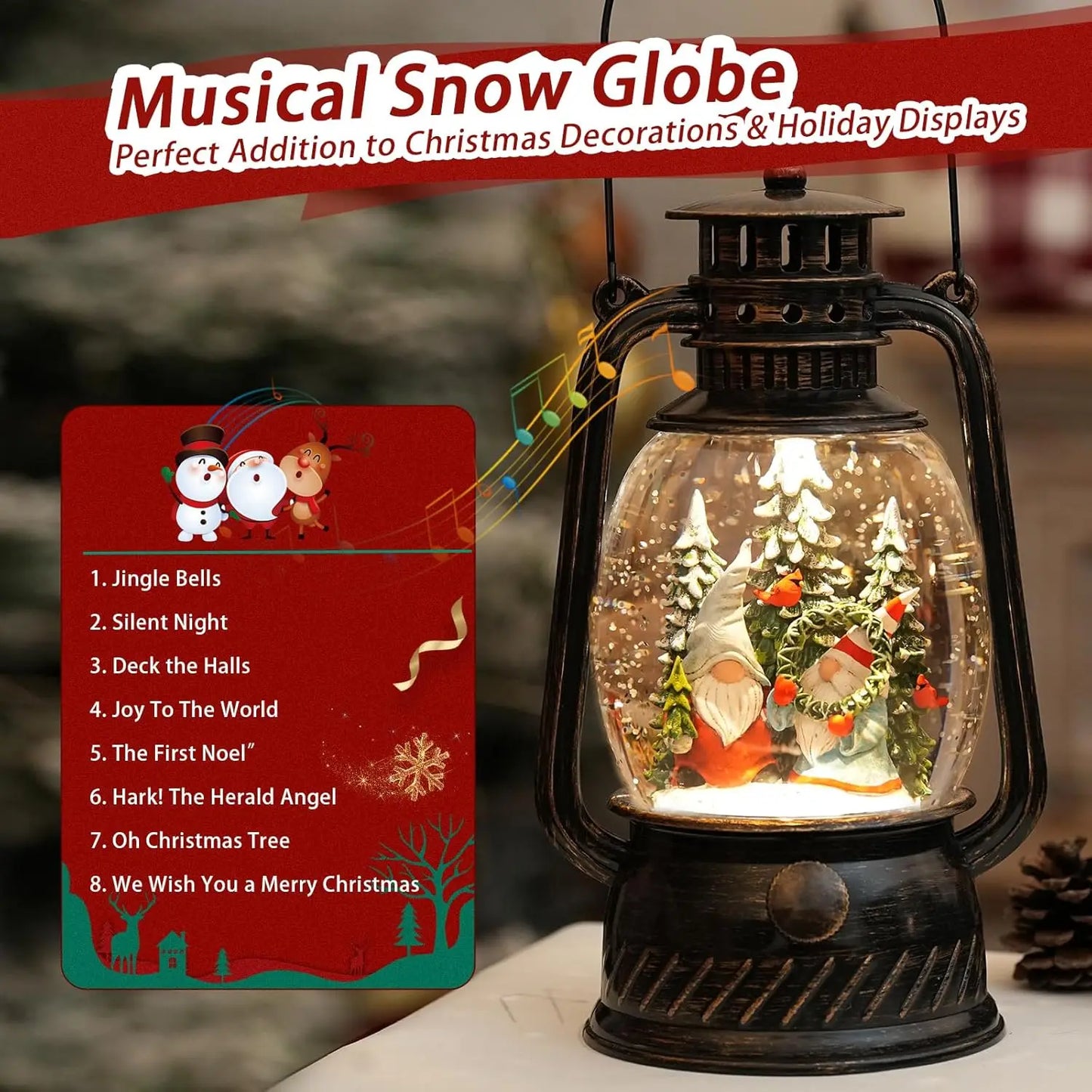 Gnomes Snow Globe Christmas Decorations, Light Up Musical Christmas Snow Globes Lantern with Glitter & 6H Timer