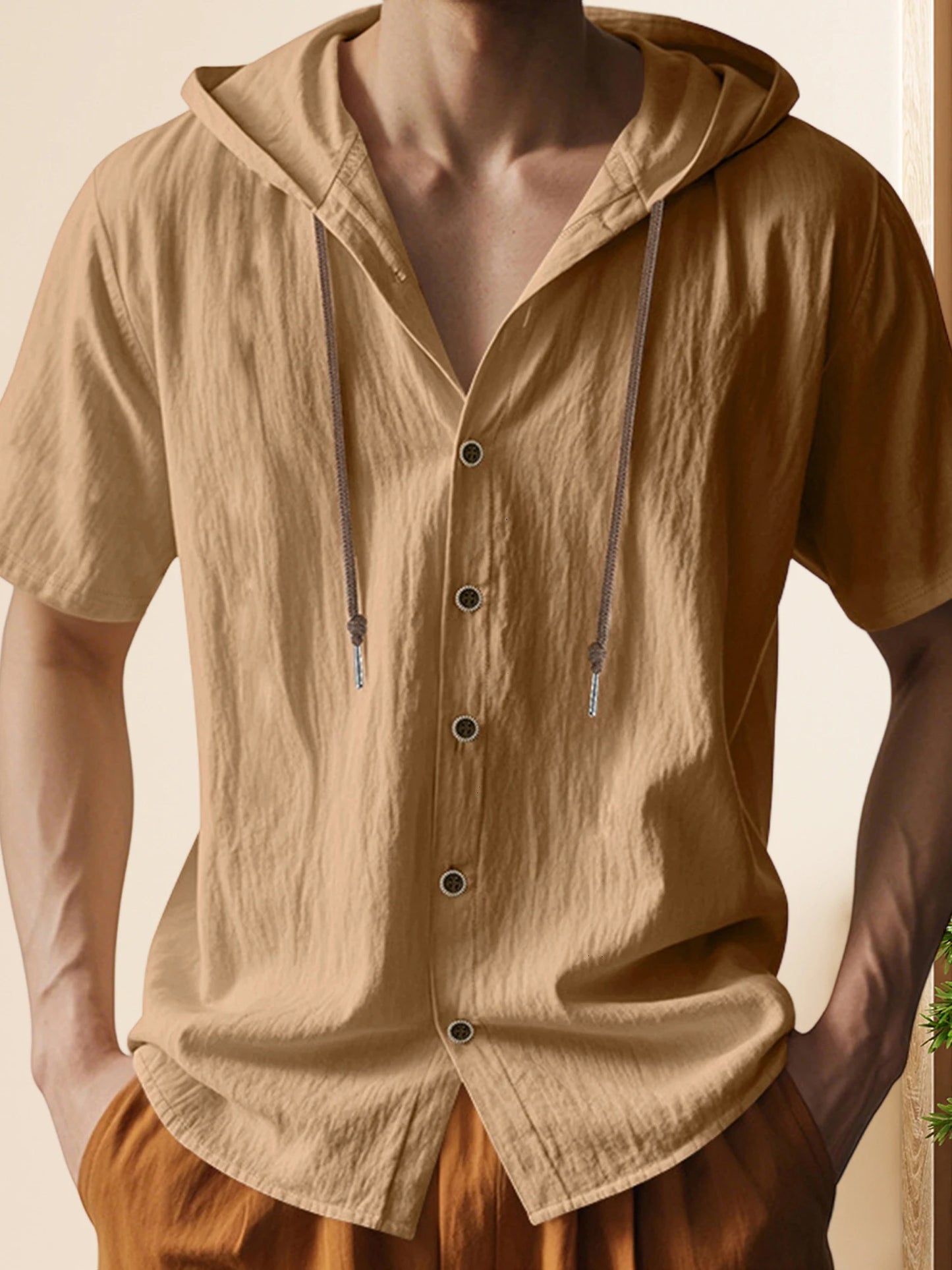 Men s Short Sleeve Hooded Shirt with Button Closure Solid Color Summer Top for Casual Daily Wear and Outdoor Activities