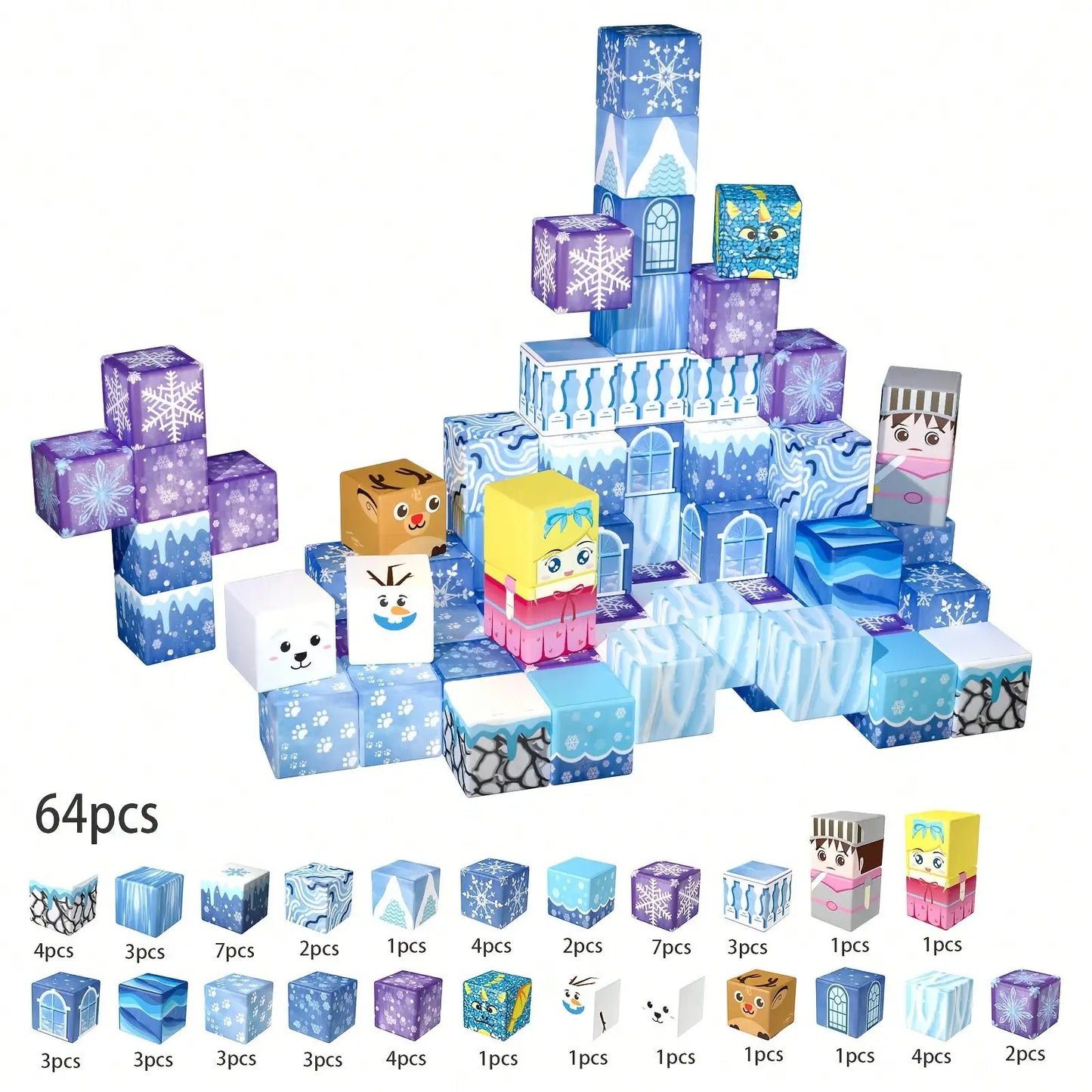 Magnetic Blocks - 100/64/48PCS Magnetic Blocks Build Ice Castle - Magnet Blocks Sets For Blue Princess Castle Build, Upgraded STEM Sensory Birthday Gift For Kids Age 3+ Years Old.
