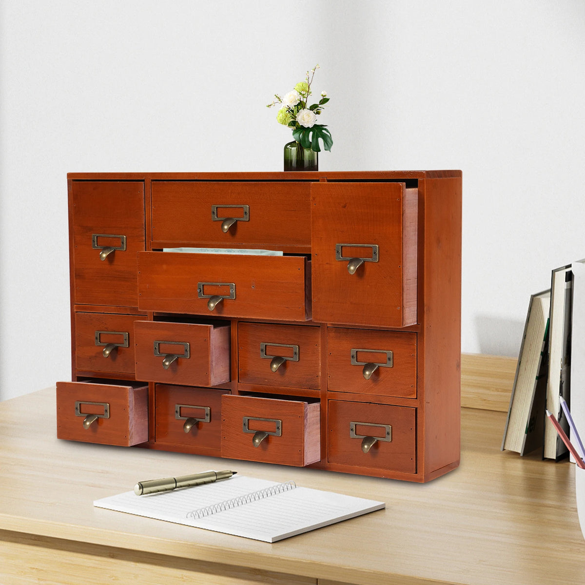 Desktop Drawer Organizer 12 Drawers, Wooden Desk Storage Box with Label Slots, Multipurpose Countertop Small Parts Cabinet, Office Craft Jewelry Art Supplies Home Counter Cosmetics Dock, No Assembly Needed, Brown/Black/Pink/B