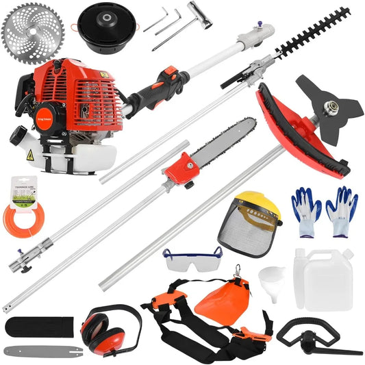 Backpack Grass Trimmer, Brush Cutter, Loose Soil Ditching, Chainsaw, Pole Hedge Trimmer 52cc 2 Stroke Gas 5 in 1 Straight Shaft