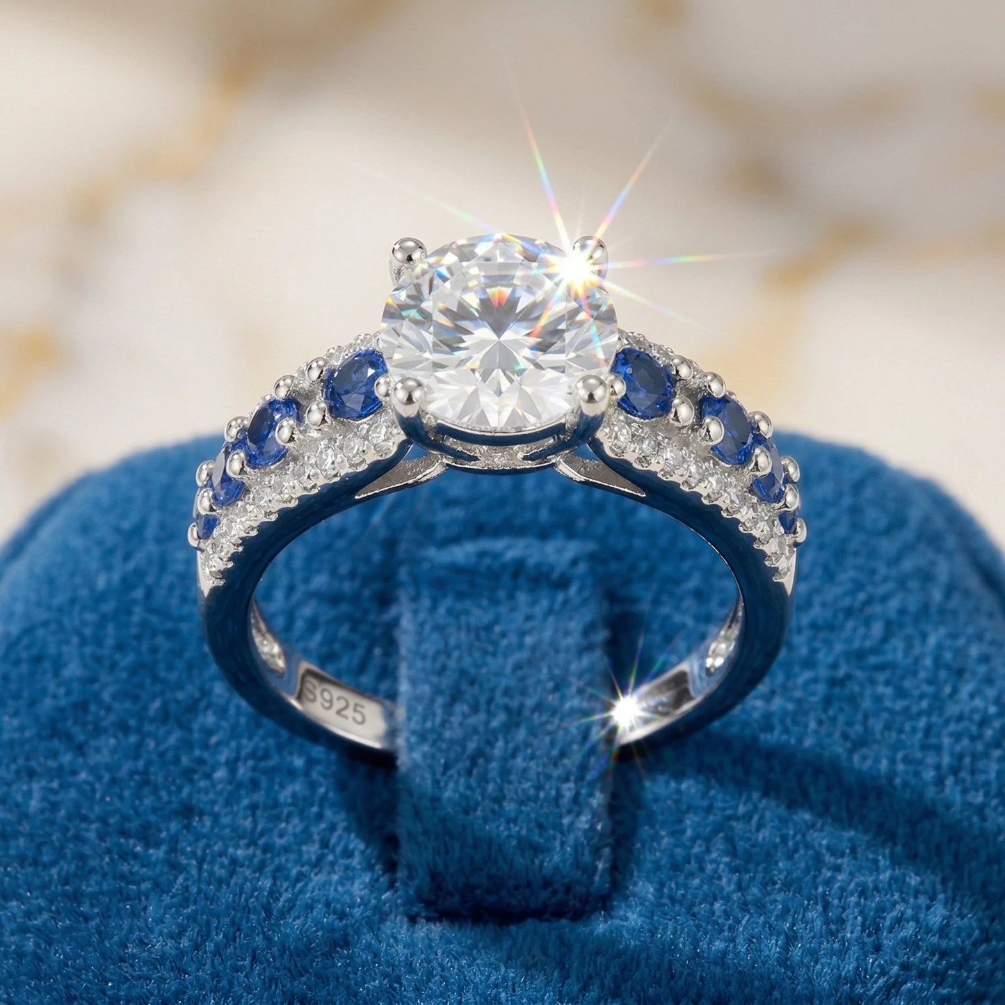 Moissanite Ring, 925 Silver, D Color VVS1, 3ct Sapphire Side Stones, Engagement Jewelry, Women's, Pass Diamond Tester