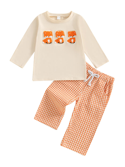 Toddler Boys Fall Outfits Fox Embroidered Long Sleeve Tops and Long Pants 2Pcs Clothes Set