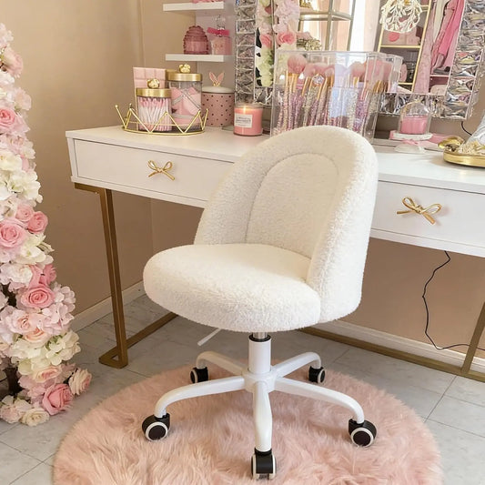 White Vanity Chair with Wheels Adjustable Swivel Desk Chair with Back Support