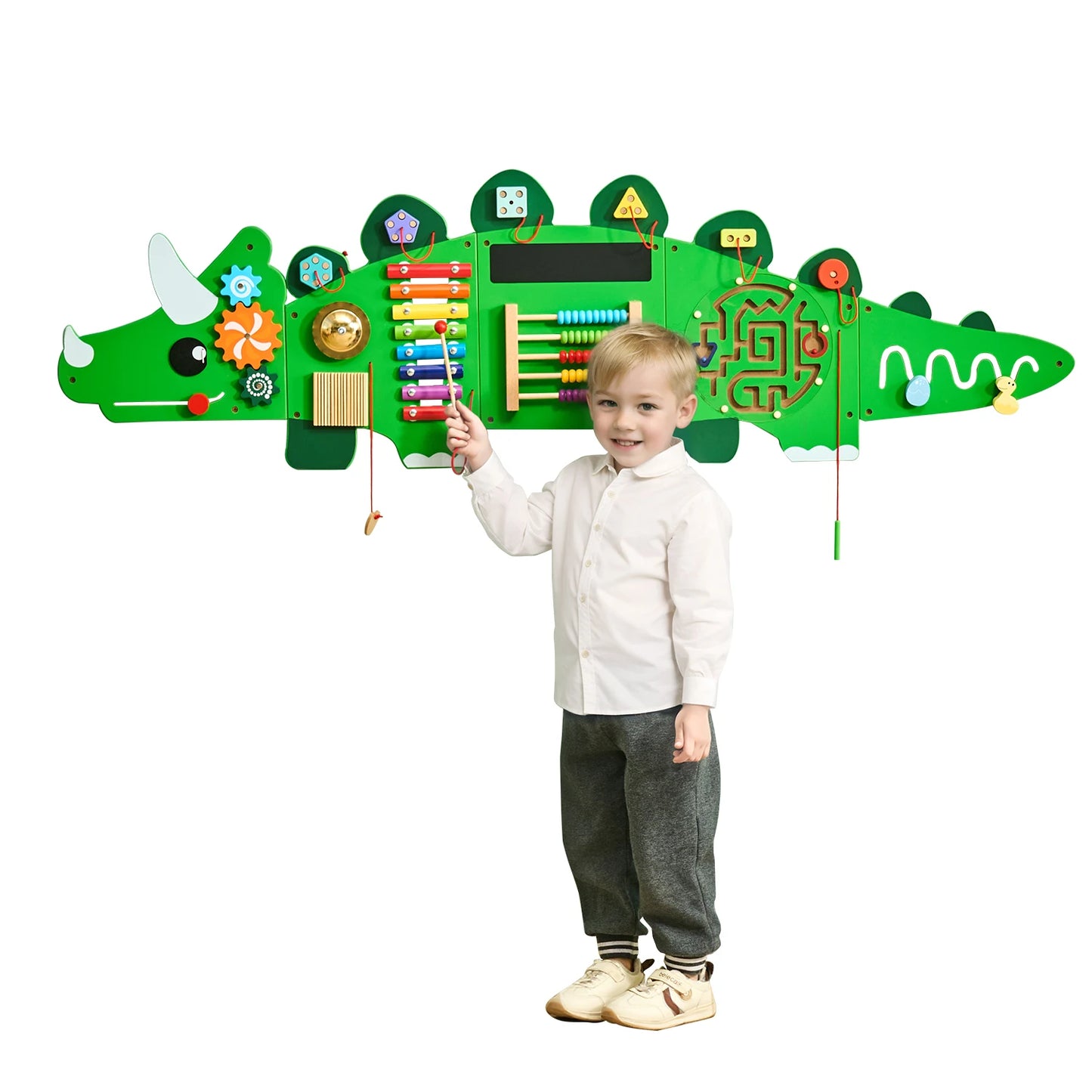 SucceBuy Dinosaur Kids Busy Wall Board 11 Activity Panels Montessori Sensory Learning Toys for Toddler Playroom Toy Gift