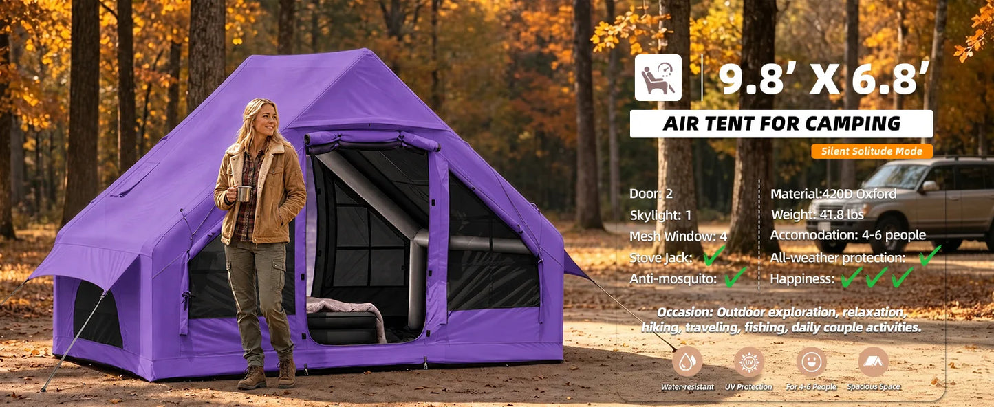 SENLEETO 67.8 SqFt Inflatable Camping Tent for 2-3 Person with Stove Jack,Black Coating Easy Setup Blow Up Tent with Skylight AC Vent Mesh Window