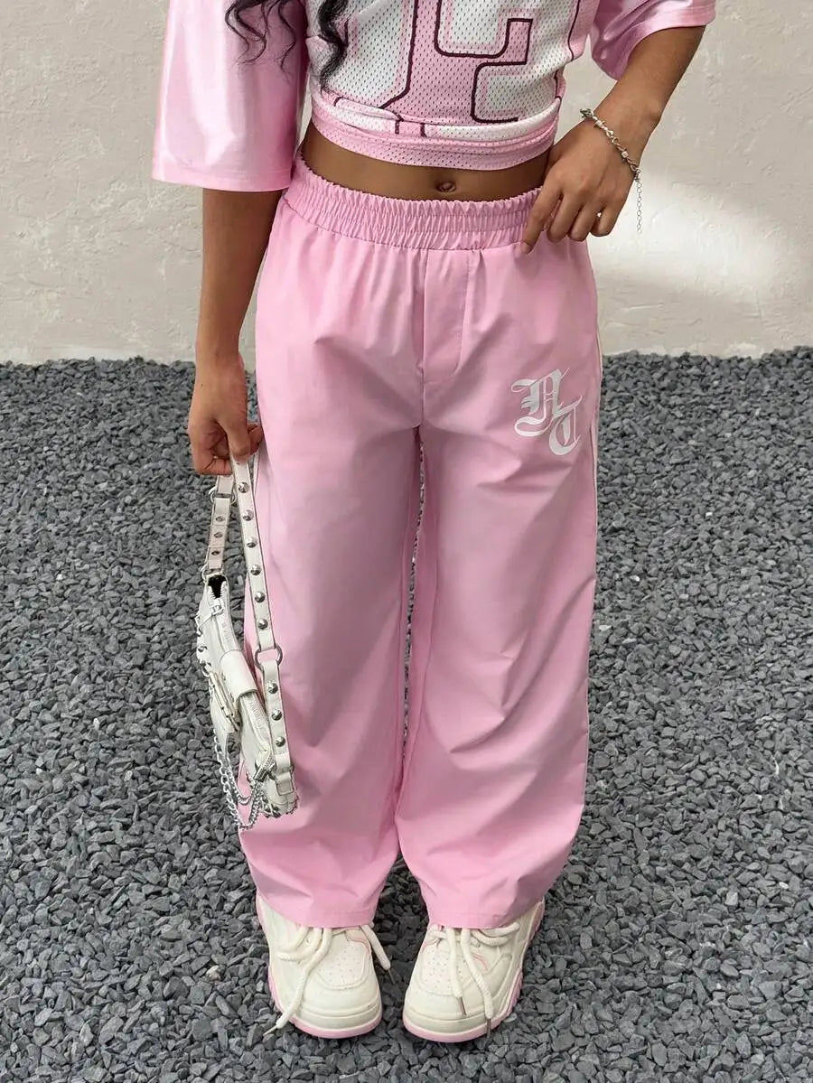 Kids Girls Bright Yellow Loose Fit Straight Leg Pants with Side Stripes, Camo Crop Top Set
