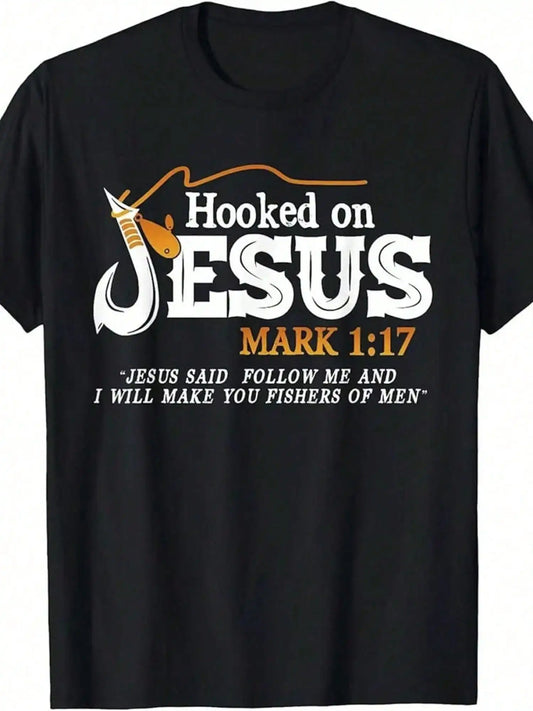 1pc Men'S 100% Cotton Christian Graphic T-Shirt - "Hooked on Jesus" & Mark 1:17 Scripture Print, Church Events, Gift Idea