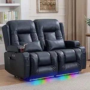 54" Power Loveseat Recliner Sofa, Electric Home Theater Seating with Massage Heat/4 Colors Ambient Lights/USB Port/Side Pocket/
