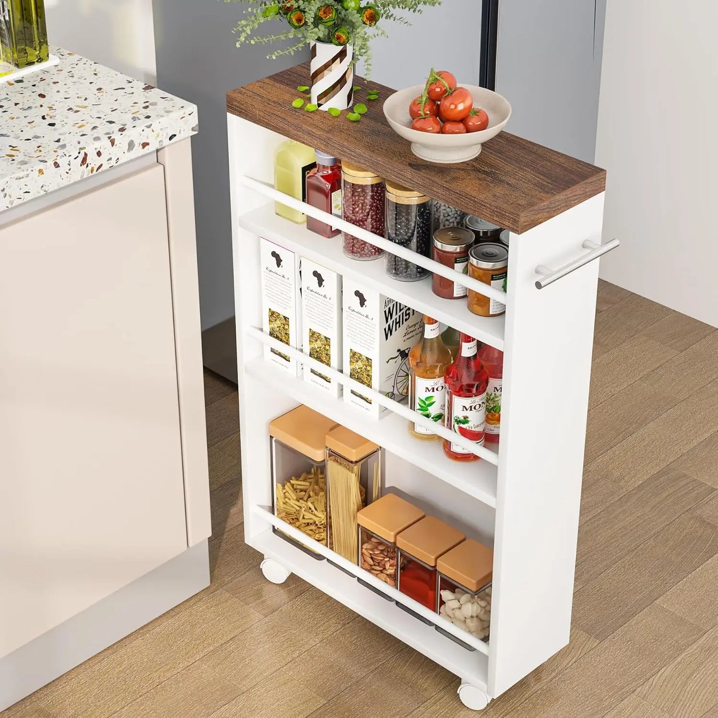 Tribesigns Slim Storage Cart with Handle, 4-Tier Rolling Narrow Kitchen Cart on Wheels for Small Place, Bathroom, Laundry