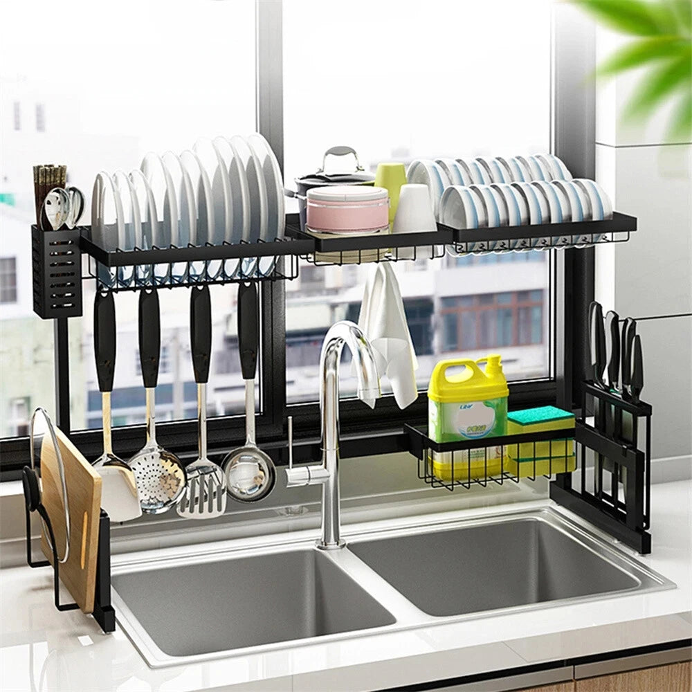 Dish Drying Rack - Over The Sink Dish Drainer Drying Rack with Utensil & Knife Holder, Hooks, Stainless Steel Kitchen Organizers