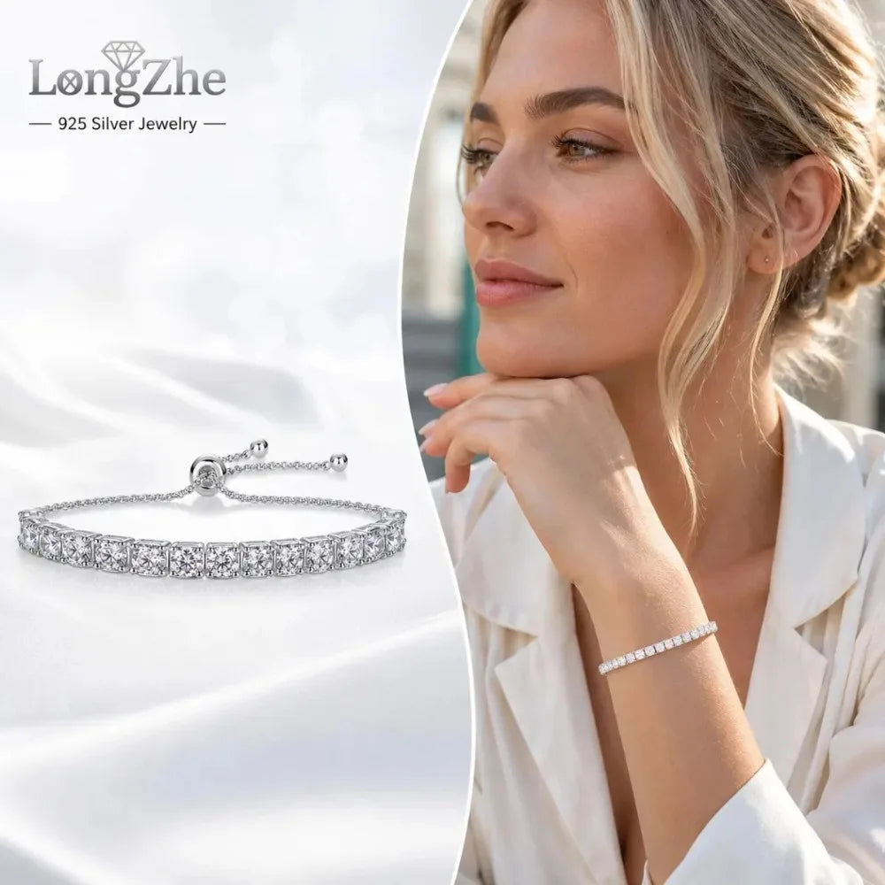S925 Silver Moissanite Tennis Bracelet 3mm 4mm 5mm Round Cut Adjustable Bolo Chain For Women Anniversary Gift Fine Jewelry