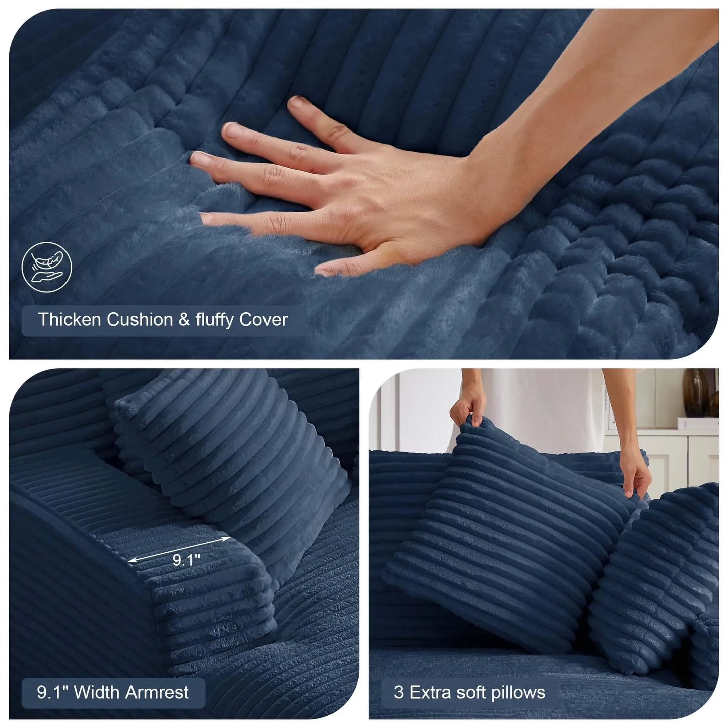 66" Oversized Chaise Lounge Chair Corduroy Oversized Boneless Couch Sofa Bed Reading Chair Sleeper Chaise with 3 Pillows, Blue