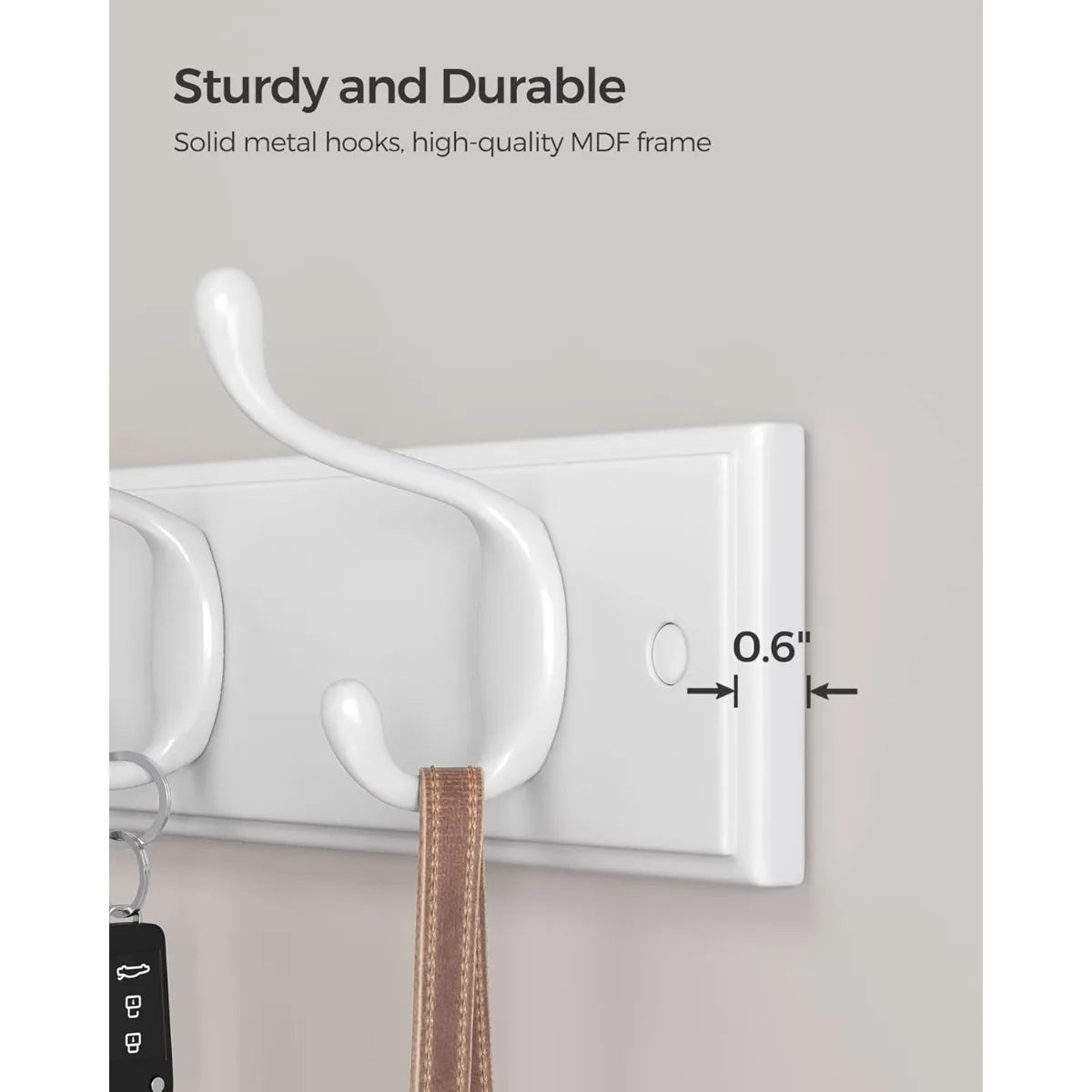 Wall Mounted Coat Rack with 4 Dual Metal Hooks for Entryway Bedroom Living Room Storage White