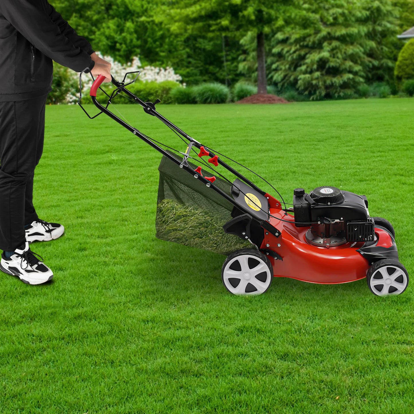 4-Stroke Push Petrol Lawn Mower 8Gear Adjustable Height Self Propelled 3-in-1 with Bag Garden Mowing Tool