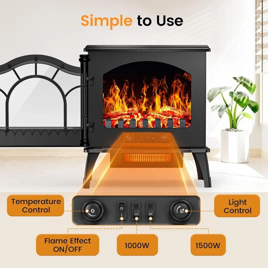 Electric Fireplace Heater 20'' Infrared Fireplace Heater with 1000/1500W Heating Power 3D Realistic Flames Effect for Living Ro