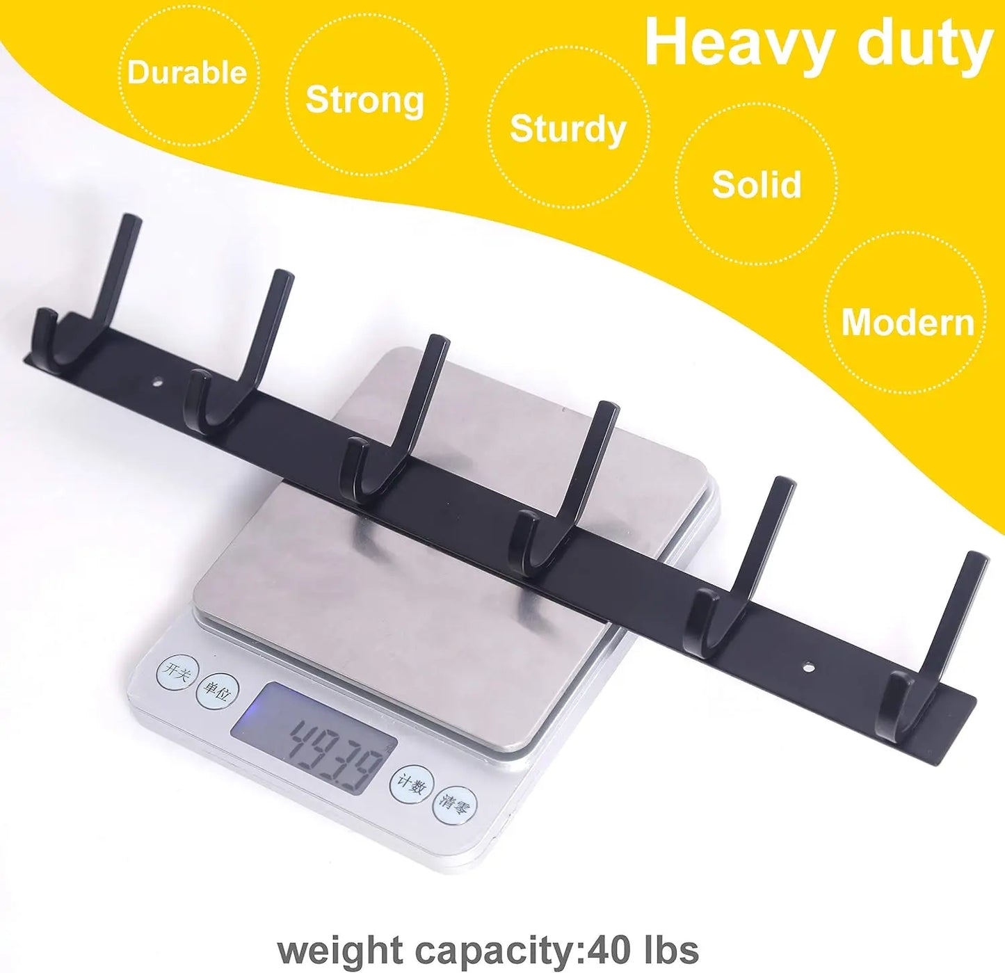 Wall Mounted Coat Rack with 6 Double Hooks Heavy Duty Metal Rail for Purse Clothes Jacket Entryway Black