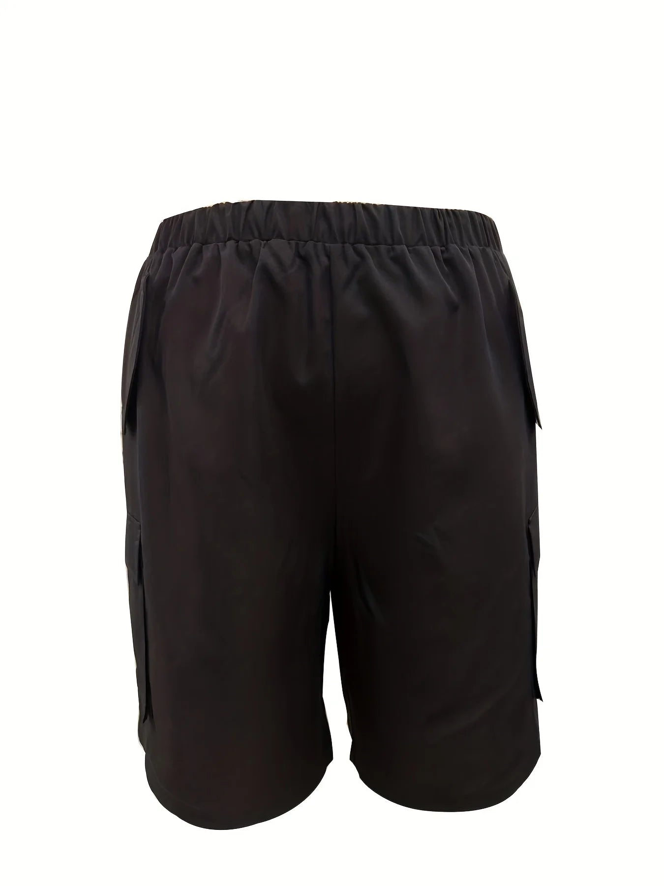 European and American plus size women's black elastic waist multi-pocket cargo shorts; loose wide-leg side 3D large pocket casual sports knee-length