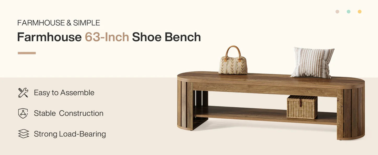 Tribesigns 63" Wooden Entryway Bench with Shoe Storage, Long 2-Tier Narrow Shoe Bench with Arc Vertical Slat Splicing Legs, End of Bed Stool for Bedroom, Entrance, Living Room (Brown)