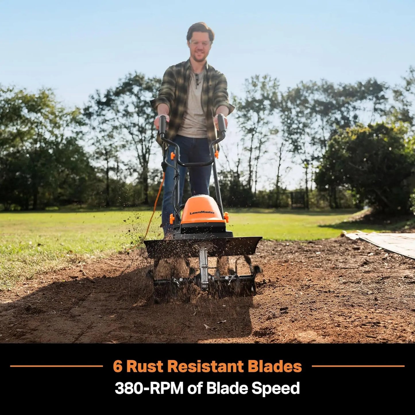 18 Inch Electric Tiller, 13.5 Amp 380 RPM, 6 Steel Tines, Foldable Handles