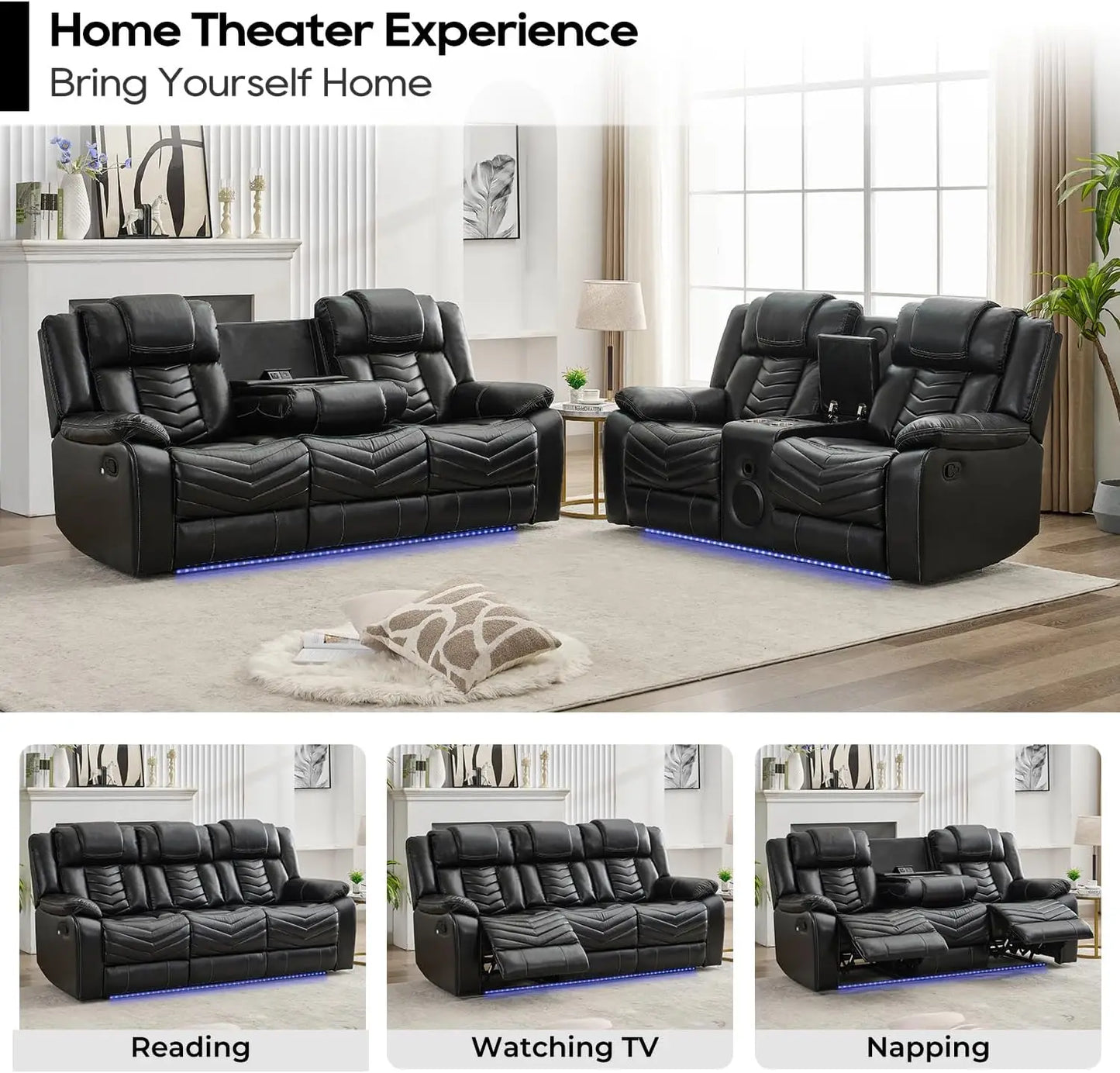 2-Piece Manual Recliner Sofa Set w/ Wireless Charger, Bass Speakers, LED Lights,Faux Leather Reclining Couch for Living Room