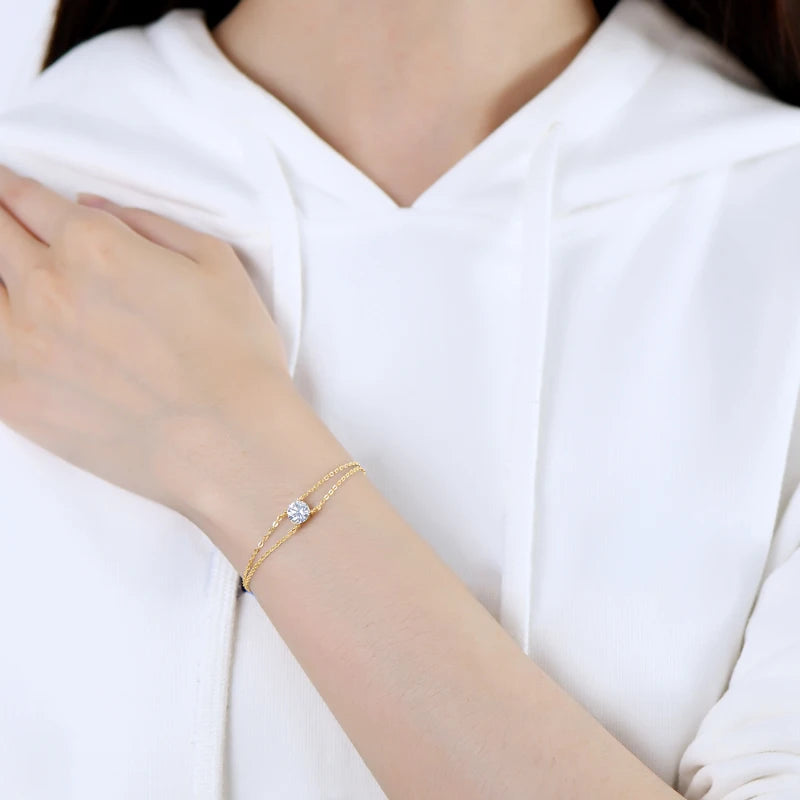 OXTAO D Color 6.5mm 1ct Moissanite Bracelet for Women 925 Sterling Silver Double Chain Bracelets Fine Jewelry Gift withCertified