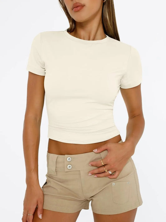 Womens Basic T Shirts Summer Outfits 2025 Scoop Neck Short Sleeve Crop Tops Slim Fit Tees Clothing