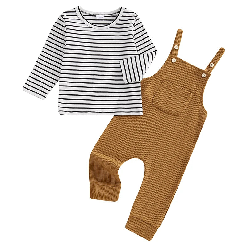 Boys 2-Piece Set Striped Long Sleeve Tee with Suspender Pants Fall Outfit for Kids