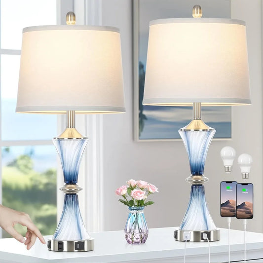 Blue Glass Table Lamp Set of 2 with USB C+A Ports & AC Outlet, Bedside Lamp, Modern Bedroom Lamps, Coastal Lamp for Night Stands