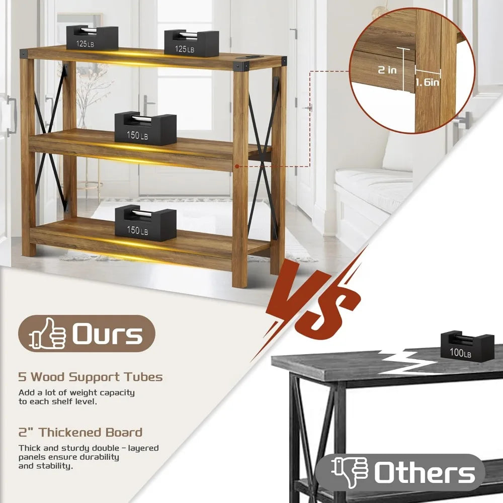 47.2 Entryway Table with Outlets and USB Ports, Console Table with 3-Tier Open Storage Shelves, Wooden Sofa Table with Metal X-S