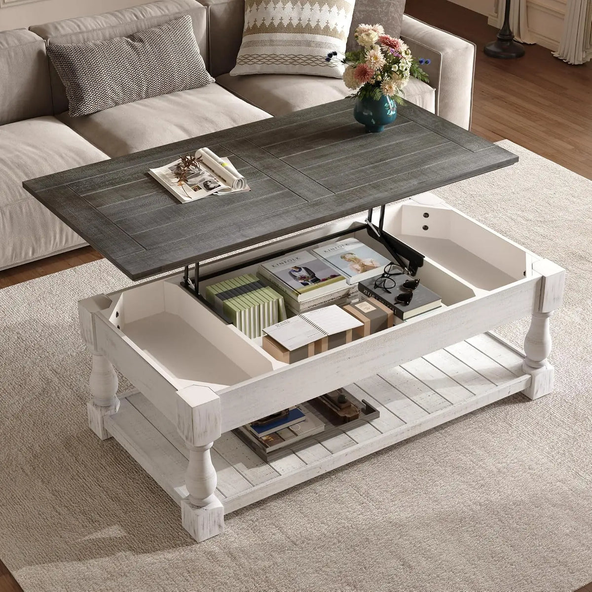 Lift Top Coffee Table With Hidden Storage Open Shelf Walnut Brown