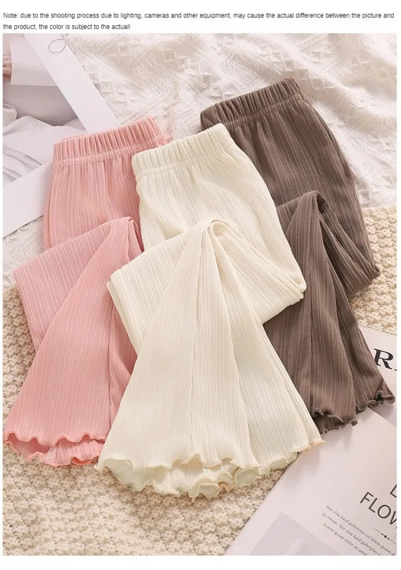 Children Summer Solid Color Thin Ribbed Knit Flared Pants Girls Casual Trousers Korea Fashion Pants Girl Princess Style Capris