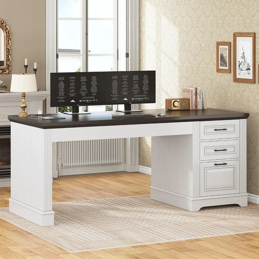 Office Desk with 3 Drawers, 55" Executive Computer Desk with Storage Drawers, Farmhouse Desk with Power Outlet for Home O