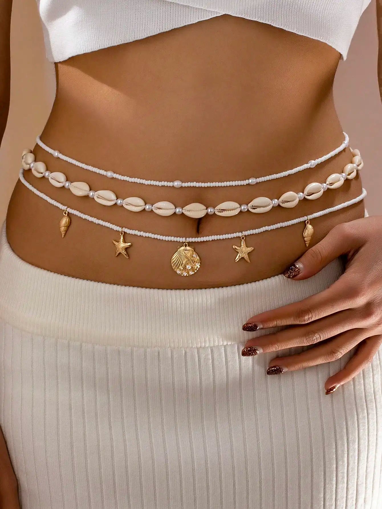 2pcs Bohemian Style Ocean Series Shell & Starfish Beaded Waist Chain For Women