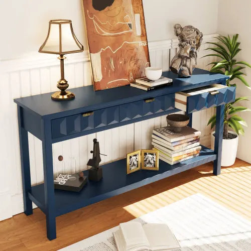 60 Inch Pine Veneer Entryway Console Table with Honeycomb Fronts and 3 Drawers