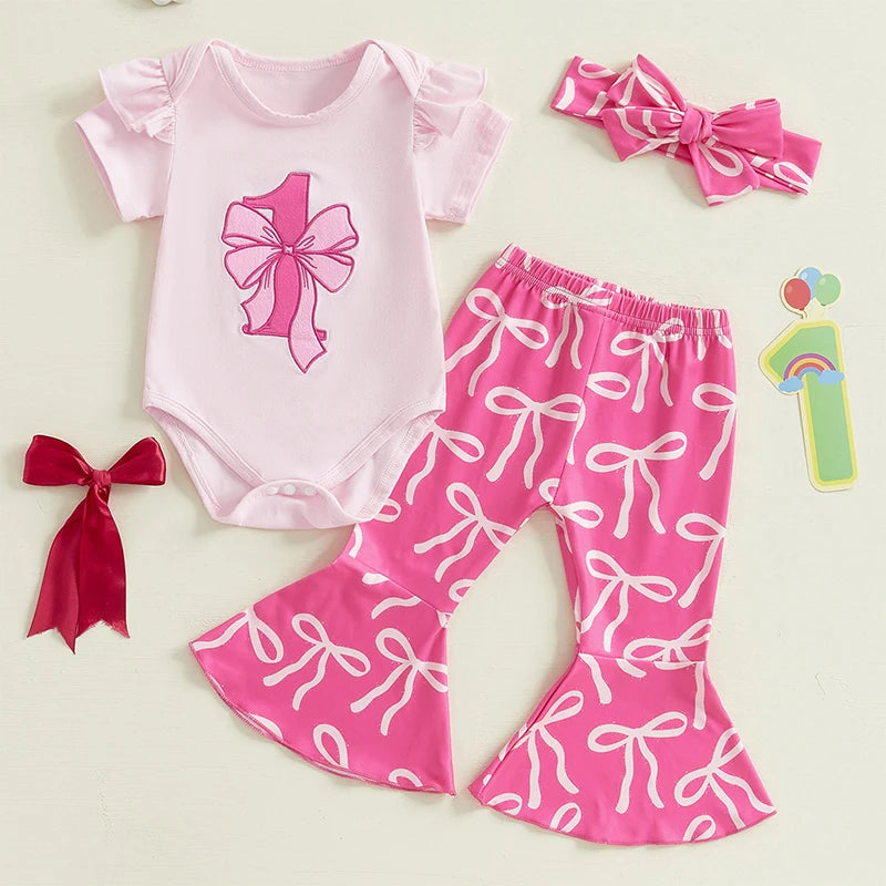 Adorable Baby Girl Floral Print Sleeveless Romper with Matching Bow Headband and Ruffle Hem Pants 3-Piece Outfit Set for Summer