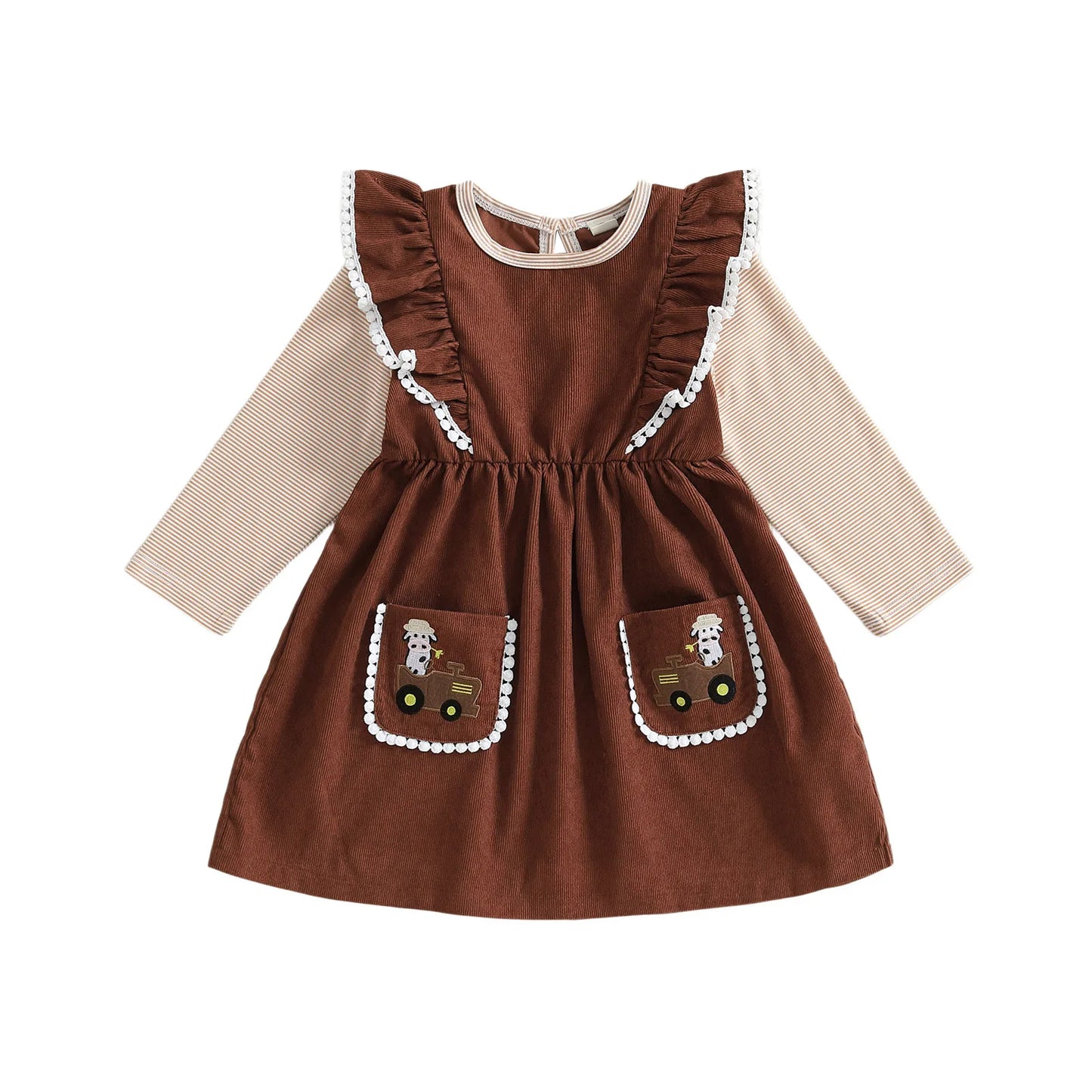 Girls Long Sleeve Crew Neck Striped Embroidered Horse Casual Dress with Pockets and Ruffle Hem for Fall Winter