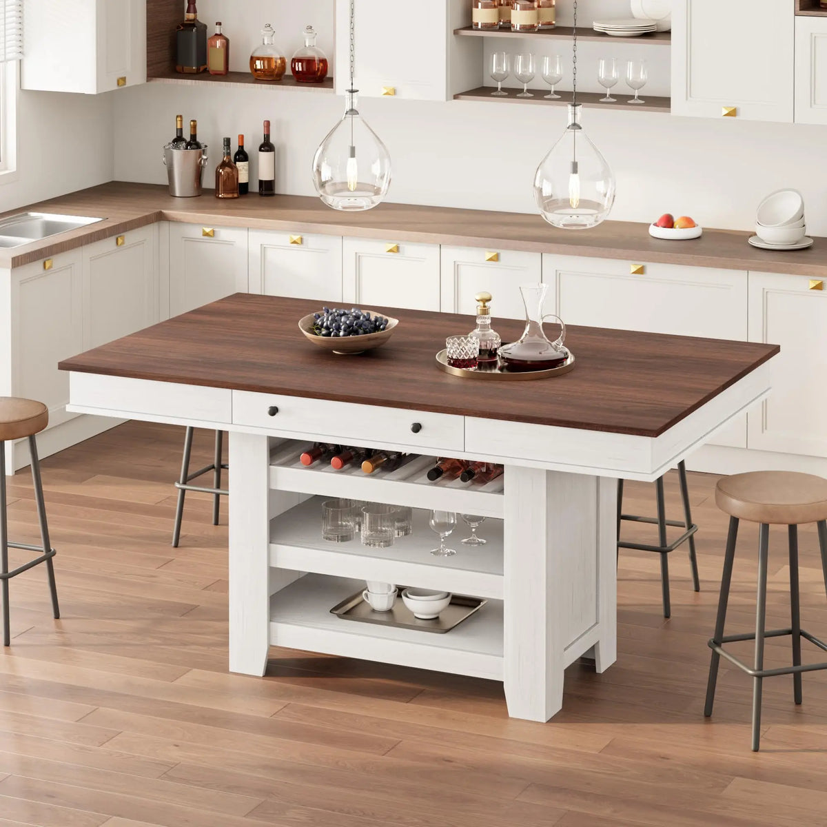60 Inch Counter Height Dining Table For 4 To 6 With Wine Rack And Storage