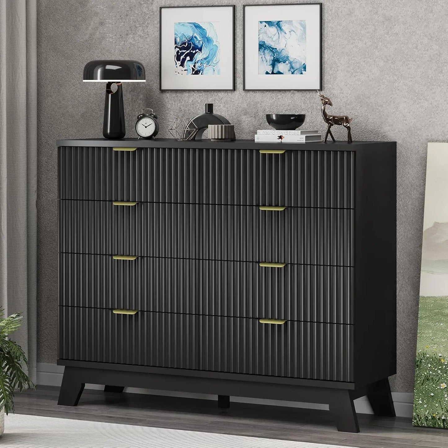 Fluted Dresser for Bedroom with 8 Drawers, 48" Wide Modern Chest of Drawers with Metal Handle, Wooden Dresser TV Stand,Black